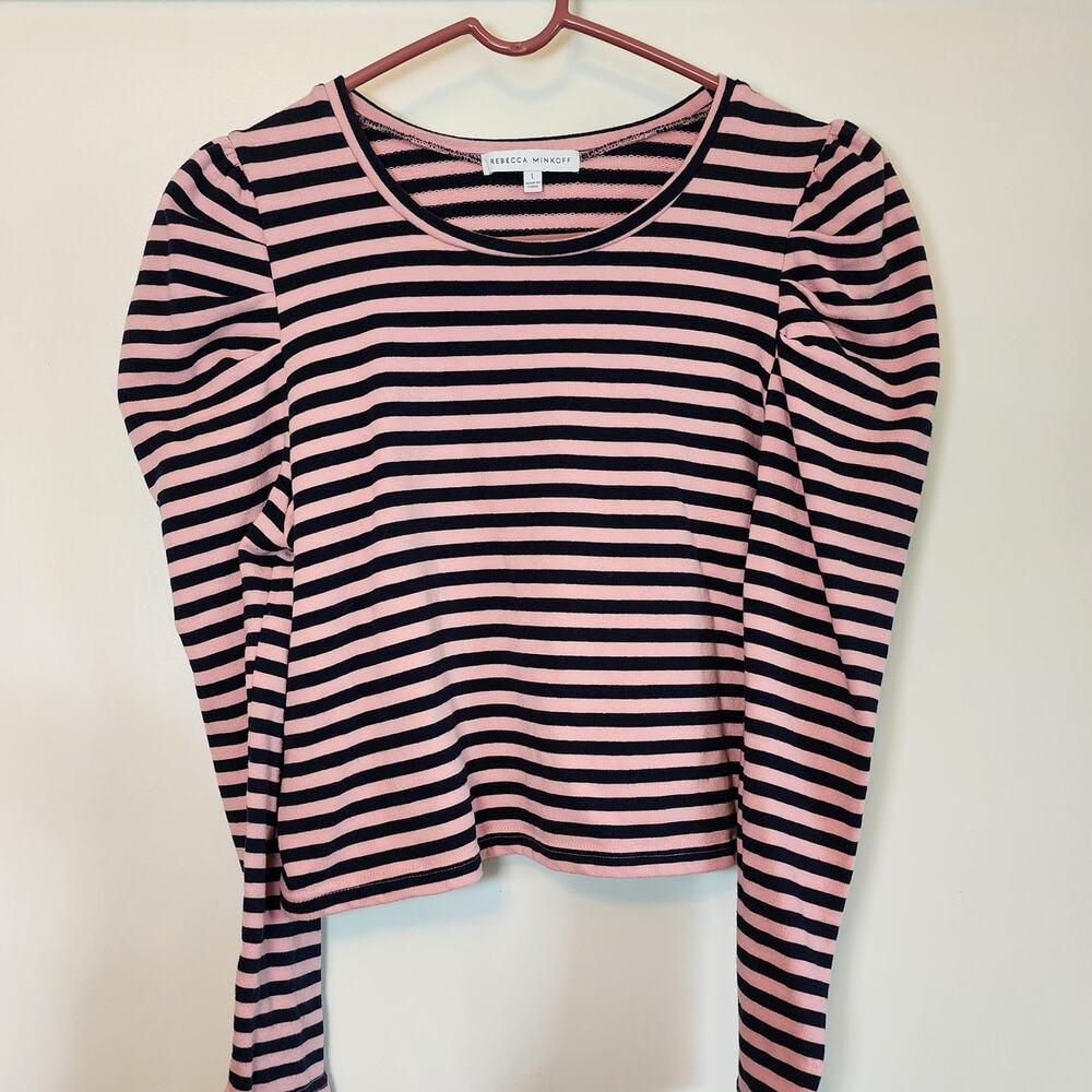 Rebecca Minkoff Women's Talia Cropped Long Sleeve Top Pink/Black Striped Size L